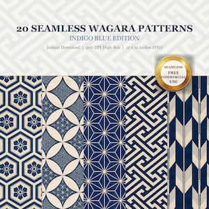 May include: A digital art print showcasing 20 seamless Wagara patterns in indigo blue. The designs include geometric and floral motifs. The text reads "20 Seamless Wagara Patterns Indigo Blue Edition". The image is 30.48 x 30.48 cm.