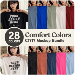 May include: A Comfort Colors C1717 mockup bundle featuring a variety of solid-coloured t-shirts in shades including black, white, blue, red, pink, and orange. The image displays text reading 28 COLOURS Comfort Colors C1717 Mockup Bundle.