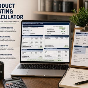 May include: A laptop displays a product costing calculator with financial data. A clipboard with a product cost summary and a notepad with pricing notes are next to the laptop. A calculator and a mug that says "PLAN. CALCULATE. PROFIT." are also visible.