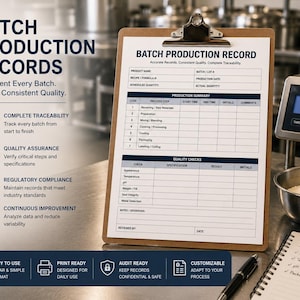 May include: A clipboard with a "Batch Production Record" form, a digital scale displaying 12.45 kg, and a notebook with handwritten notes. The form includes sections for product name, production summary, and quality checks. The image promotes quality assurance and regulatory compliance.