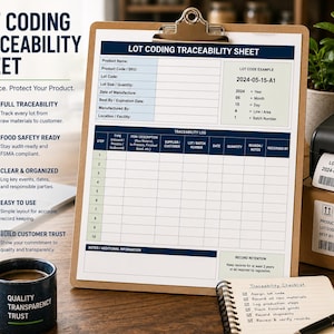 May include: A clipboard with a "LOT CODING TRACEABILITY SHEET" form, a coffee mug, and a label printer. The form includes sections for product information and a traceability log. The mug has the words "QUALITY TRANSPARENCY TRUST".