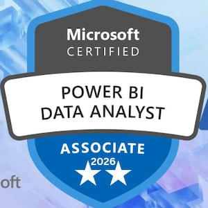 May include: A Microsoft Certified Power BI Data Analyst Associate badge. The badge is blue, white, and grey, with the Microsoft logo in the lower left corner and the Azure logo on the right. The text includes "Microsoft Certified", "Power BI Data Analyst", and "Associate 2026".