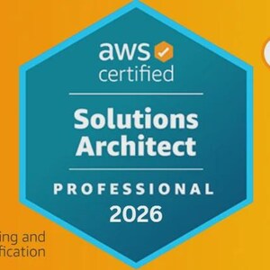 May include: A teal and white AWS Solutions Architect Professional 2026 badge on an orange background. The badge is a hexagon shape with the words "aws certified" at the top. The AWS logo is in the upper right corner.