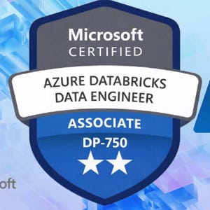 May include: A Microsoft Certified Azure Databricks Data Engineer Associate badge, DP-750, with two stars. The badge is blue and white, with the Microsoft logo in the lower left and an Azure logo on the right.