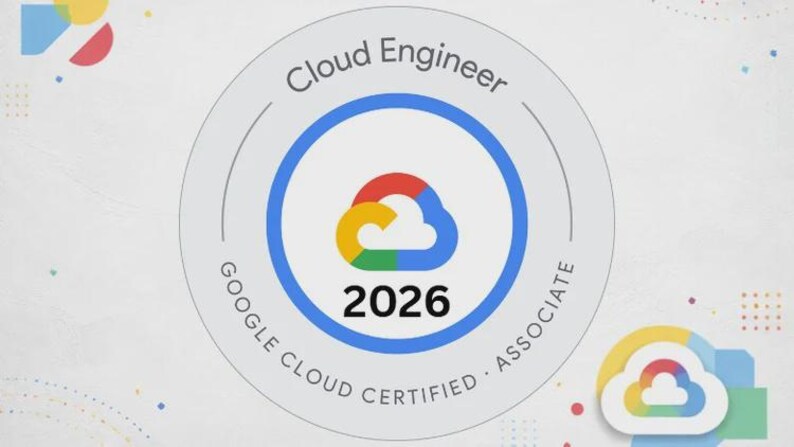 Może przedstawiać: Okrągła odznaka z napisami "Cloud Engineer" i "Google Cloud Certified Associate" otaczającymi niebieski pierścień. Wewnątrz pierścienia znajduje się ikona chmury w kolorach czerwonym, ż&oacute;łtym, zielonym i niebieskim, z numerem "2026" poniżej.