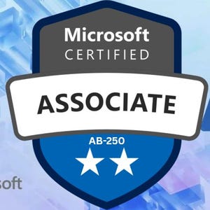 May include: A shield-shaped Microsoft Certified Associate badge featuring the text Microsoft CERTIFIED, ASSOCIATE, and AB-250 with two white stars. The design includes a blue letter A logo and the Microsoft logo on a light blue geometric background.