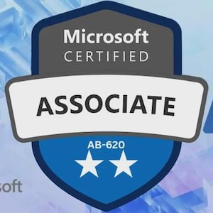 May include: A Microsoft Certified Associate badge with a blue and gray shield design. The badge features the words "Microsoft CERTIFIED ASSOCIATE" and two white stars. The Microsoft logo is in the lower left corner, and a blue "A" shape is on the right.