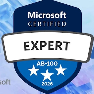 May include: A Microsoft Certified Expert badge with a blue and white design. The badge features the word "EXPERT" in bold letters, along with the text "AB-100" and the year "2026". The Microsoft logo is visible in the lower left corner.