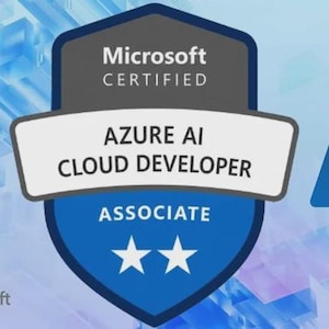 May include: A Microsoft Azure AI Cloud Developer Associate badge. The badge is shield-shaped, with the words "Microsoft Certified" at the top. The text "Azure AI Cloud Developer Associate" is displayed in white. Two white stars are at the bottom.