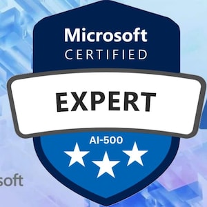 May include: A blue shield-shaped Microsoft Certified Expert badge featuring the text Microsoft, CERTIFIED, EXPERT, and AI-500. The design includes three white stars at the bottom and a blue letter A logo on the right side against a light blue background.