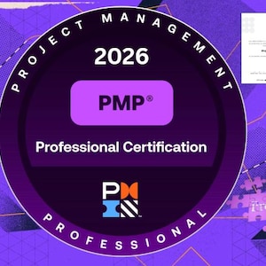 May include: A purple and white graphic promoting Project Management Professional (PMP) certification for 2026. Includes a certificate, checklist, and puzzle pieces. The PMP logo is featured prominently.
