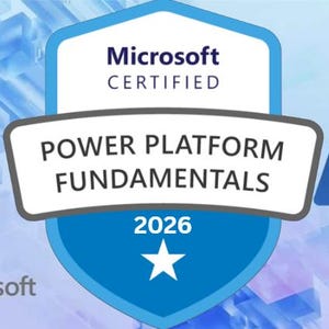 Puede incluir: Una insignia de Microsoft Certified Power Platform Fundamentals con un diseño de escudo azul y blanco. La insignia incluye el texto "Microsoft Certified" y "Power Platform Fundamentals 2026". Un logotipo "A" azul está a la derecha.