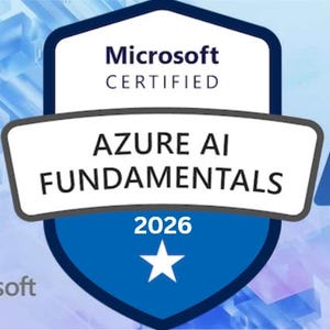Może przedstawiać: Odznaka Microsoft Certified Azure AI Fundamentals. Odznaka jest niebiesko-biała, z napisem "AZURE AI FUNDAMENTALS 2026" i białą gwiazdą. Logo Microsoft znajduje się w lewym dolnym rogu, a niebieska litera "A" po prawej stronie.