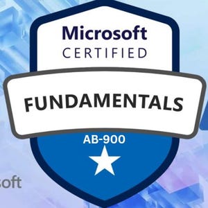 May include: A Microsoft Certified Fundamentals badge with the text "FUNDAMENTALS" in bold white letters. The badge is blue and white with a star and the code "AB-900". A blue "A" logo is on the right.