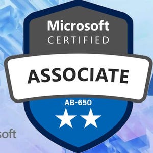 May include: A Microsoft Certified Associate badge featuring a dark gray and blue shield design. The text reads Microsoft Certified, Associate, and AB-650, with two white stars centered below. A blue letter A logo is positioned to the right.