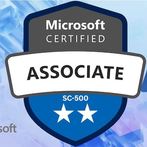 以下が含まれることがあります： Microsoft Certified, Associate, SC-500のテキストが記載された盾型のMicrosoft Certified Associateバッジ。バッジの下部には2つの白い星、右側には青いMicrosoft Azureロゴ、左下にはMicrosoftロゴが配置されています。