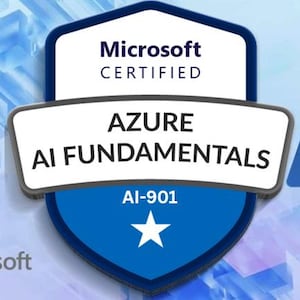 May include: A Microsoft Certified Azure AI Fundamentals badge with a blue and white shield design. The badge includes the text "Microsoft Certified", "AZURE AI FUNDAMENTALS", and "AI-901". A blue "A" logo is on the right.