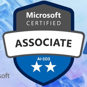 以下が含まれることがあります： 「ASSOCIATE」の文字が大きく白抜きで書かれたMicrosoft Certified Associateバッジ。バッジは青とグレーで、白い星が2つと「AI-103」の文字があります。右側には青い「A」のロゴがあります。