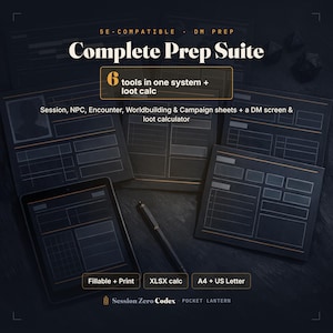 May include: A digital and printable tabletop roleplaying game prep suite featuring dark-themed sheets for sessions, NPCs, encounters, worldbuilding, and campaigns. Includes a DM screen, loot calculator, fillable PDF, XLSX files, and A4 or US Letter formats.