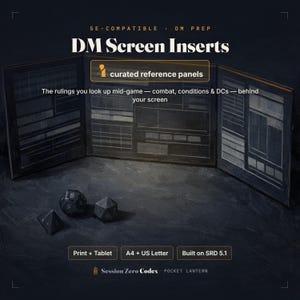 Puede incluir: Una pantalla de director de juego oscura de tres paneles con cuadrículas y texto en blanco. La pantalla muestra el título DM Screen Inserts, curated reference panels y texto sobre combate, condiciones y CD. Tres dados poliédricos están delante.