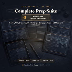 May include: A digital and printable 5E-compatible Complete Prep Suite featuring six tools including session, NPC, encounter, worldbuilding, and campaign sheets, a DM screen, and a loot calculator. Includes fillable, print, XLSX, A4, and US Letter options.