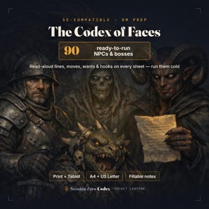 May include: A digital product cover titled The Codex of Faces, 5E-Compatible, featuring a knight, a hooded skeleton, a horned demon holding a parchment, and a reptilian creature. Text includes 90 ready-to-run NPCs & bosses, read-aloud lines, moves, wants & hooks, Print + Tablet, A4 + US Letter, and Fillable notes.