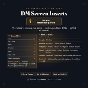 May include: Dark-themed DM Screen Inserts featuring 5E-compatible reference panels. The text includes Typical DCs from 5 to 30, passive check rules, and a Skills by Ability table. Bottom buttons indicate Print, Tablet, A4, US Letter, and SRD 5.1.