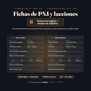 Può includere: Un modello di documento digitale intitolato Fichas de PNJ y facciones con due schede personaggio NPC per Ferrun Vale e Sister Ottavia. Il layout include campi per ruolo, fazione, posizione, disposizione, motivi e statistiche di gioco su sfondo scuro.