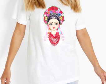 100% cotton white T-Shirt with Ukrainian girl