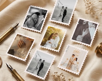 May include: Six rectangular postage stamp stickers featuring various black and white or colour photographs of couples. Each stamp includes the text POSTAGE, the date 08.12.30, the word Love, and a circular monogram with two letters.