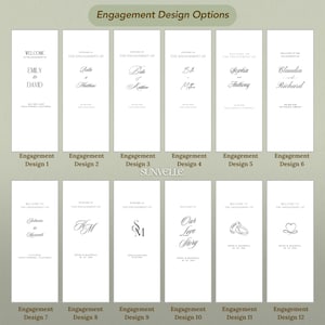 Pu&ograve; includere: Una collezione di dodici modelli di design per insegne di fidanzamento rettangolari disposti su due file. Ogni modello presenta sfondi bianchi con testo e grafica neri, inclusi nomi, date e vari stili tipografici. Il testo recita Engagement Design da 1 a 12, con una nota che indica che il design effettivo sar&agrave; di colore bianco.