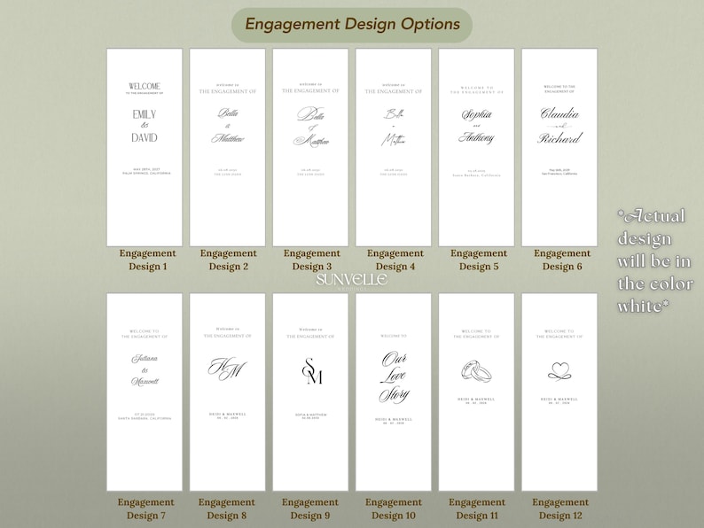 Pu&ograve; includere: Una collezione di dodici modelli di design per insegne di fidanzamento rettangolari disposti su due file. Ogni modello presenta sfondi bianchi con testo e grafica neri, inclusi nomi, date e vari stili tipografici. Il testo recita Engagement Design da 1 a 12, con una nota che indica che il design effettivo sar&agrave; di colore bianco.
