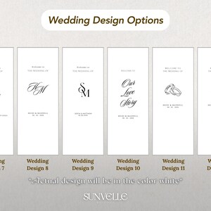 Pu&ograve; includere: Sei modelli di cartelli nuziali rettangolari verticali etichettati Wedding Design da 7 a 12. Ogni cartello bianco presenta testo e grafiche in nero, inclusi nomi, date, luoghi, monogrammi e illustrazioni di fedi nuziali o di un cuore.