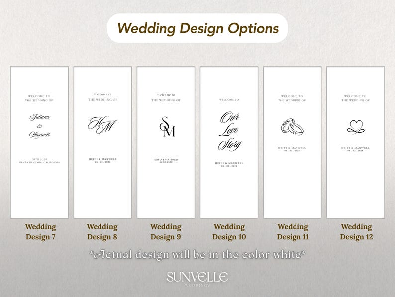 Pu&ograve; includere: Sei modelli di cartelli nuziali rettangolari verticali etichettati Wedding Design da 7 a 12. Ogni cartello bianco presenta testo e grafiche in nero, inclusi nomi, date, luoghi, monogrammi e illustrazioni di fedi nuziali o di un cuore.