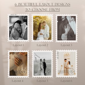K&ouml;nnte beinhalten: Sechs Layout-Designs im Briefmarkenstil mit Hochzeitsfotografien, personalisierten Initialen und dem Datum 08.12.30. Jedes rechteckige Design verf&uuml;gt &uuml;ber gezackte R&auml;nder, wellenf&ouml;rmige Stempelmarkierungen und Beschriftungen von Layout 1 bis 6.