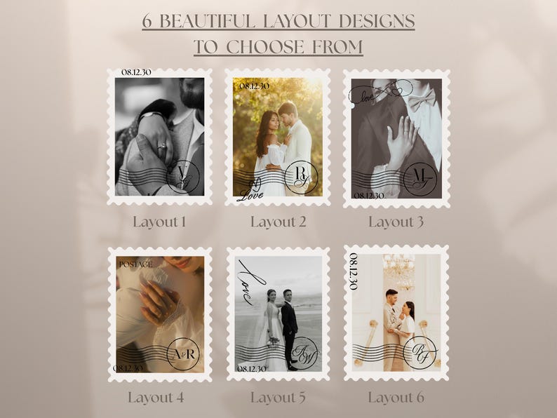 K&ouml;nnte beinhalten: Sechs Layout-Designs im Briefmarkenstil mit Hochzeitsfotografien, personalisierten Initialen und dem Datum 08.12.30. Jedes rechteckige Design verf&uuml;gt &uuml;ber gezackte R&auml;nder, wellenf&ouml;rmige Stempelmarkierungen und Beschriftungen von Layout 1 bis 6.