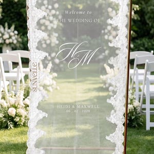 Pu&ograve; includere: Un cartello di benvenuto per matrimoni rettangolare e semitrasparente con bordo in pizzo bianco. Il testo recita: Welcome to THE WEDDING OF, il monogramma HM, HEIDI & MAXWELL e la data 06.02.2028. Il marchio SUNVELLE &egrave; stampato verticalmente.
