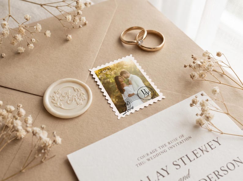 K&ouml;nnte beinhalten: Ein beigefarbener Umschlag mit einer personalisierten Briefmarke, die ein Foto eines Paares zeigt, einem cremefarbenen Wachssiegel mit gepr&auml;gtem Blumenmonogramm und zwei goldenen Eheringen. Eine wei&szlig;e Hochzeitseinladungskarte ist teilweise sichtbar.
