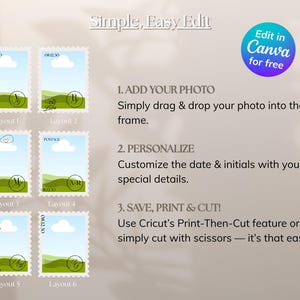 K&ouml;nnte beinhalten: Eine digitale Vorlage mit sechs briefmarkenf&ouml;rmigen Layouts mit blauem Himmel, wei&szlig;en Wolken und gr&uuml;nen H&uuml;geln. Der Text enth&auml;lt Simple, Easy Edit, Edit in Canva for free sowie Anweisungen zum Hinzuf&uuml;gen von Fotos und zum Personalisieren.