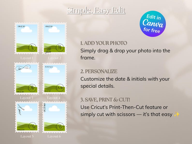 K&ouml;nnte beinhalten: Eine digitale Vorlage mit sechs briefmarkenf&ouml;rmigen Layouts mit blauem Himmel, wei&szlig;en Wolken und gr&uuml;nen H&uuml;geln. Der Text enth&auml;lt Simple, Easy Edit, Edit in Canva for free sowie Anweisungen zum Hinzuf&uuml;gen von Fotos und zum Personalisieren.