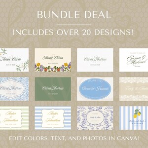 K&ouml;nnte beinhalten: Ein digitales Paket mit &uuml;ber 20 Hochzeitseinladungs-Designs, die verschiedene Blumen-, Streifen- und Spitzenmuster mit anpassbaren Textfeldern zeigen. Die Sammlung umfasst diverse Farbpaletten und Layouts, die alle in Canva f&uuml;r personalisierte Papeterie bearbeitbar sind.