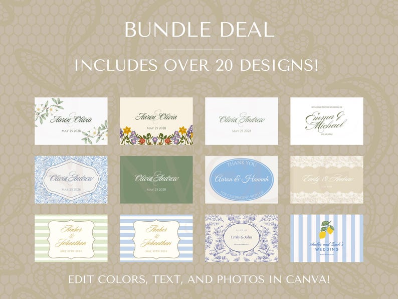 K&ouml;nnte beinhalten: Ein digitales Paket mit &uuml;ber 20 Hochzeitseinladungs-Designs, die verschiedene Blumen-, Streifen- und Spitzenmuster mit anpassbaren Textfeldern zeigen. Die Sammlung umfasst diverse Farbpaletten und Layouts, die alle in Canva f&uuml;r personalisierte Papeterie bearbeitbar sind.
