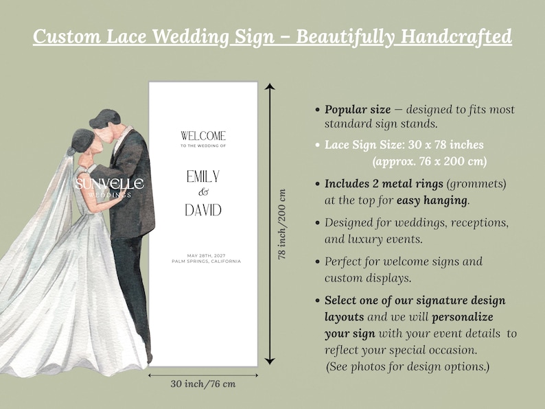 Pu&ograve; includere: Un cartello nuziale rettangolare bianco con un'illustrazione ad acquerello di una coppia in abiti formali. Il testo recita Welcome to the wedding of Emily & David, May 28th, 2027, Palm Springs, California. Misura 76 per 200 cm con due occhielli metallici.