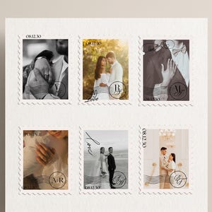 K&ouml;nnte beinhalten: Ein Bogen mit sechs rechteckigen Briefmarken, die verschiedene Hochzeitsfotos zeigen. Jede Briefmarke enth&auml;lt das Datum 08.12.30, ein kreisf&ouml;rmiges Monogramm mit zwei Buchstaben und wellenf&ouml;rmige Stempellinien. Die Bilder zeigen Paare in festlicher Kleidung.