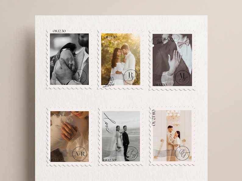 K&ouml;nnte beinhalten: Ein Bogen mit sechs rechteckigen Briefmarken, die verschiedene Hochzeitsfotos zeigen. Jede Briefmarke enth&auml;lt das Datum 08.12.30, ein kreisf&ouml;rmiges Monogramm mit zwei Buchstaben und wellenf&ouml;rmige Stempellinien. Die Bilder zeigen Paare in festlicher Kleidung.