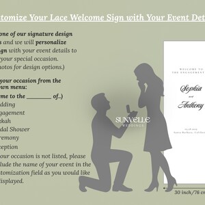 Pu&ograve; includere: Un cartello di benvenuto rettangolare bianco con il testo 'WELCOME TO THE ENGAGEMENT OF Sophia and Anthony 05.28.2024 Santa Barbara, California'. Il cartello misura 76 cm di larghezza per 200 cm di altezza, accanto a una sagoma grigia.