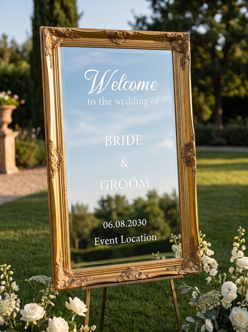 May include: A rectangular mirror with an ornate gold frame featuring white text that reads Welcome to the wedding of BRIDE & GROOM 06.08.2030 Event Location. The mirror is mounted on a stand and reflects the surrounding outdoor greenery.