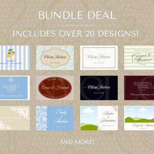 K&ouml;nnte beinhalten: Ein digitales Paket mit &uuml;ber 20 rechteckigen Kartendesigns in verschiedenen Stilen, darunter florale, gestreifte, landschaftliche und einfarbige Hintergr&uuml;nde. Der Text BUNDLE DEAL, INCLUDES OVER 20 DESIGNS und AND MORE! ist in Wei&szlig; gehalten.