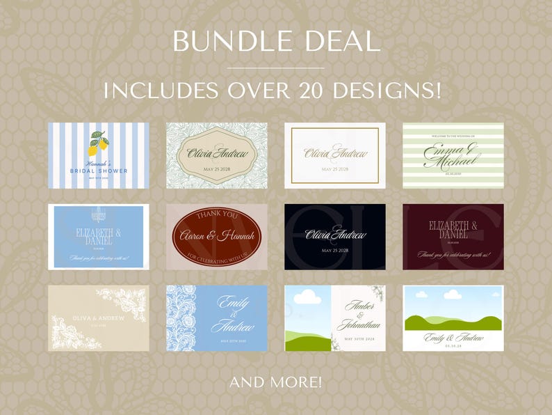 K&ouml;nnte beinhalten: Ein digitales Paket mit &uuml;ber 20 rechteckigen Kartendesigns in verschiedenen Stilen, darunter florale, gestreifte, landschaftliche und einfarbige Hintergr&uuml;nde. Der Text BUNDLE DEAL, INCLUDES OVER 20 DESIGNS und AND MORE! ist in Wei&szlig; gehalten.