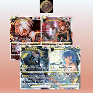 May include: Four rectangular trading cards featuring anime-style characters with text including Soldier VSTAR, Orphie & Magus VSTAR, Trigger VSTAR, and Seed VSTAR. Each card displays HP values, attack names like Fervent Fire and Raining Iron Petals, and energy symbols. A circular logo with a fist icon is positioned at the top center.